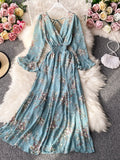 gwmlk Autumn Women Floral Long Dress Vintage V-Neck Flare Sleeve Backless High Waist A-Line Big Swing Maxi Vestidos New Fashion