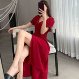 Gwmlk Square Collar Dresses for Women French Style Temperament Side Slit Dress Female Elegant Puff Sleeve Slim Fit Midi Dress