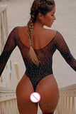 Gwmlk Off Shoulder Fishnet Bodystocking Sexy Transparent Glitter Long Sleeve Bodysuit See Through Exotic Costumes Porn Tights