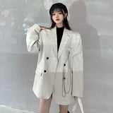 Gwmlk Women Fashion Double Breasted Loose Blazer Korean High Street Long Sleeve Suit Jacket Black Notched Collar Ladies Outerwear