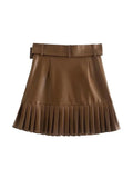 Gwmlk ZBZA Women 2023 Pu Leather Mini Skirt with Belt Women High Waist Pleated Skirts womens Casual Streetwear Party 202309