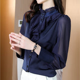 Gwmlk Lace Chiffon Women Blouse 2023 OL Youth Women Shirts Fashion Long Sleeve Top Dark Blue Button Female Clothing 20389