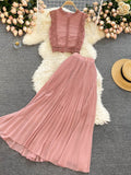 gwmlk Lace Chiffon Two Piece Set Women Vintage Beach Party Sleeveless Short Tops Pleated Long Skirt Female 2pcs Suit