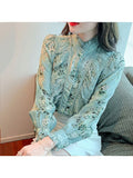 Gwmlk Floral Printed Blouse Women 2023 Fashion Long Sleeve Ruffle Stitching Shirts Stand Collar Vintage Flower Blouse Top 18757