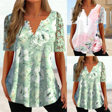 Gwmlk Summer Print Lace Blouse 2023 Women V-neck Loose Hollow Out Short Sleeve Shirt Buttons Long Tops Slim Mujer Ladies 26604