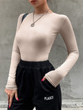 gwmlk Ladies Sexy Bodysuit Solid Fashion Skinny Bodycon Women Bodysuit Long Sleeveles O-Neck Casual Black Beige Female Bodysuit