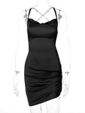 gwmlk Women Strap Mini Dress Ruched Lace Up Cross Bandage Backless Bodycon Sexy Party Elegant 2023 Club Christmas Slim