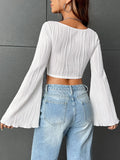 Gwmlk Long Sleeve Textured T-shirts For Women Crop Tops Scoop Neck Hanky Hem Solid Color Slim Tees y2k Clothes