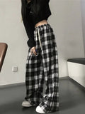 gwmlk and White Plaid pants New Women Casual Loose Wide Leg Trousers Ins Retro Teen Straight Trousers Hiphop Streetwear