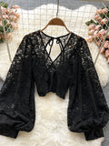 gwmlk Black/White/Brown Sexy Lace Blouse Women Elegant V-Neck Puff Long Sleeve Open Back Short Tops Female Party Blusas 2023