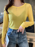 gwmlk Korean Fashion Mesh T-shirts Women Vintage Transparent Tops for Women Loose White Transparent Office Lady Shirts