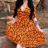 Gwmlk Orange Deep V-neck Fairy Grunge Dress Women Mall Gothic Aesthetics Elegant Bat Pattern Split Sexy Dress