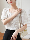 Gwmlk White Embroidered Lace Blouse Short Sleeve Woman Vintage Elegant Flowers Shirt Top Women Loose O Neck Slim Blouses 22361