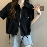 Gwmlk Summer Short Sleeve Cargo Jacket Women Korean Zipper Drawstring Short Coat Female Black White Turndown Collar Casual Jackets