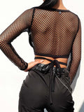 gwmlk New Mesh Goth Long Sleeve T shirt Women Hollow See-through Fishnet Tops Summer Casual Shirt Streetwear Women's Clothing