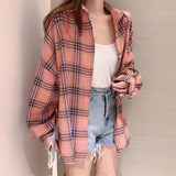 Gwmlk Y2K Harajuku Women Plaid Blouse Vintage Loose Single-Breasted Casual Shirts Woman Korean Streetwear Long Sleeve Shirt