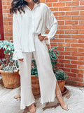 gwmlk Women Pleated 2 Piece Sets Long Sleeve Blouse Tops And Split Wide Leg Pant Suit Female Fashion Casual Loose Homewear Outfit