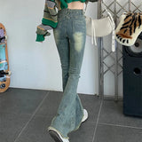 Gwmlk Retro Blue Washed Flare Jeans Women Aesthetic Y2K Skinny High Waist Pants Female Korean Fashion Street Denim Trousers