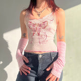 gwmlk Y2K Butterfly Crop Top Tie Up Trim Mini Vest Pink Knitted V Neck Cute Fairycore Camisole Women Chic Tee Korean Summer