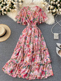 gwmlk Women Floral Printed Long Dress Sexy V-Neck Short Sleeve High Waist Ruffle Beach Vacation Vestidos Female Maxi Robe New