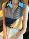 Gwmlk Women Shirt V neck Patchwork Blouse Sleeveless Chiffon Women Tops and Shirts Fashion Clothes Woman 2023 Summer Ladies Tops