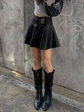 gwmlk Y2K Bandage Leather Pleated Skirts Punk Grunge Goth Black Mini Skirts Korean Streetwear Fashion Short Skirts Retro 90s