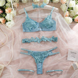 Gwmlk Fancy Lingerie Applique Women's Underwear Beautiful Exotic Sets 4-Pieces Lace Intimate Set For Couple With Chain