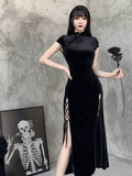 gwmlk Gothic Velvet Aesthetic Dresses Vintage Women Black Bandage SlitHem Bodycon Dress Sexy Evening Wear Cheongsam