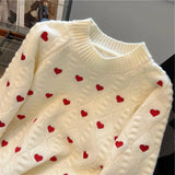 Gwmlk Fashion Heart Love Embroidery Knitted Pullover Sweater Vintage Long Sleeves O-Neck Female Chic Lady Tops