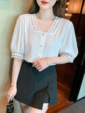 Gwmlk Shirts V Neck Fashion Hollow Out Chiffon Women Blouse and Tops New Office Lady Short Sleeve White Clothing Blusas 20231