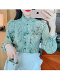 Gwmlk Floral Printed Blouse Women 2023 Fashion Long Sleeve Ruffle Stitching Shirts Stand Collar Vintage Flower Blouse Top 18757