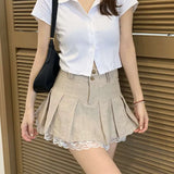 Gwmlk Summer Lace Trim Pleated Skirts Women Preppy Style Khaki High Waist Skirt Girl Teens Harajuku School Uniform Mini Skirt