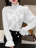 Gwmlk Stand Collar Chiffon Lace Shirts Korean Ruffles Stitching Elegant Button Blouse Woman Long Flare Sleeve Loose Tops 12946