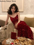 Gwmlk sequin midi dress women elegant v-neck Mermaid formal occasion dress summer vintage casual slim evening party slip dress