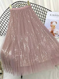 gwmlk Summer Skirts Women Korea Long Tulle Skirt Sequined Pleated A Line Midi Skirt Chic High Waist Skirt Female