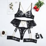 Gwmlk Lingerie Luxury Lace Female Underwear Sexy Transparent Bra Panty Sets With Chain Fancy See Through Exotic Sets 4-Piece