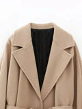 Gwmlk Women Elegant Long Wool Coat With Belt Solid Color Long Sleeve Chic Outerwear Ladies Overcoat