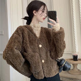 Gwmlk Women's Lamb Wool Jackets Coats Autumn Winter Thicken Warm Faux Fur Outwear Female Korean Loose V-Neck Furry Short Coat