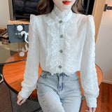 Gwmlk Korean Fashion Lace Chiffon Blouse Women Elegant Ruffles Patchwork Ladies Shirts White Stand Collar Long Sleeve Tops 18874