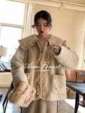 Gwmlk Cute Lace Ruffled Collar Doll Plush Coat Wool Jacket Autumn Winter Lamb wool coat