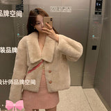 Gwmlk Winter Fashion Warm Faux Fur Coat Women Elegant Sweet Turn Down Collar Plush Jacket Korean Casual Outerwear