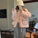 Gwmlk Pink Faux Fur Jacket Women Fashion with Pocket Long Sleeves Lamb Wool Warm Coat Ladies Korean High Street Short Outwear