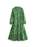 Gwmlk TRAF Summer Fashion Green Printed Women Casual Shirt Robe Dress With Belt Wrist Sleeve High Waist Female Midi Dress