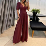 Gwmlk Women Jumpsuit Puff Short Sleeve V Neck Backless Nipped Waist Loose Wide Legs Casual Pants Romper High Streetwear