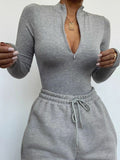 gwmlk Zipper Bodycon Bodysuits Women Sexy Mock Neck Autumn Long Sleeve Fashion Slim Basic Body Winter Gray Outfits Lady