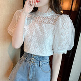 Gwmlk Blouse Women Sweet Stand Collar Elegant Korean Shirt Summer Puff Short Sleeve Tops Flower Crochet Ladies Blusas Mujer 27168