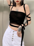 gwmlk Mesh Lace Up Bandage Crop Top Fairy Grunge Aesthetic Clothes Cyber Y2k Mall Goth Tanks Sexy Clothing