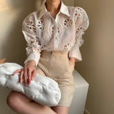 Gwmlk Lace White Blouse Women Hollow Out Flower Embroidery Shirt Sexy See Through Turn Down Collar Long Sleeve Top Blusa 13369