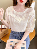 Gwmlk Hollow Women Tops Summer French Style Sweet Blouse 2023 New Fashion Half Sleeve Clothes Apricot Lace Shirt Blusas 21217