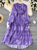 gwmlk Vintage Women Purple/Blue/Green Long Dress Elegant Ruffle Round Neck High Waist Lantern Sleeve Draped Maxi Vestidos New